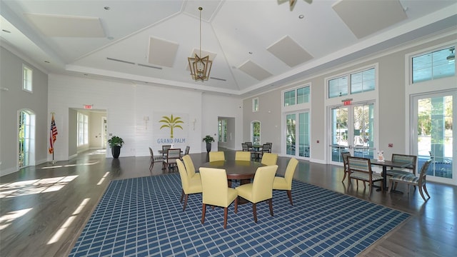 dining room featuring french doors, a towering ceiling, and dark hardwood / wood-style floors