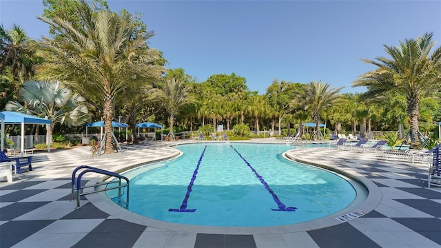 view of swimming pool featuring a patio area