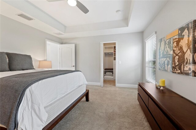 bedroom with light carpet, a walk in closet, ceiling fan, a tray ceiling, and a closet