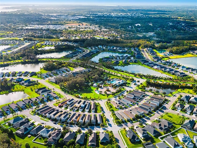 drone / aerial view with a water view