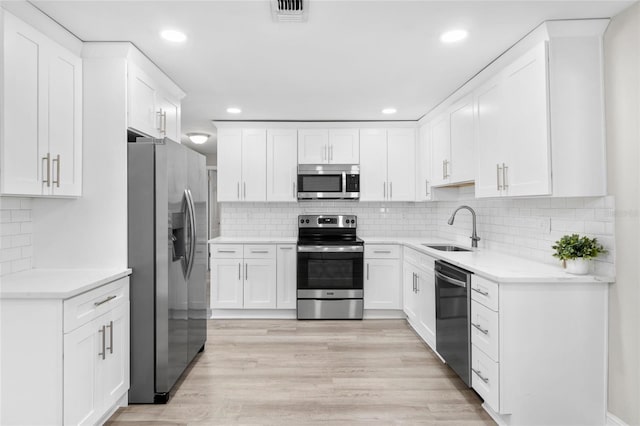 kitchen featuring sink, decorative backsplash, light hardwood / wood-style floors, white cabinetry, and stainless steel appliances