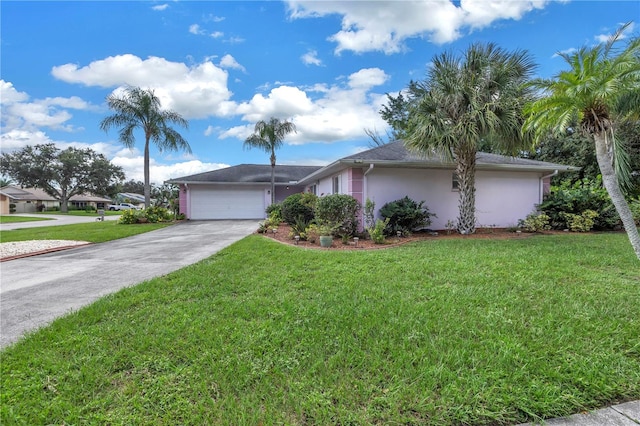 single story home with a front lawn and a garage