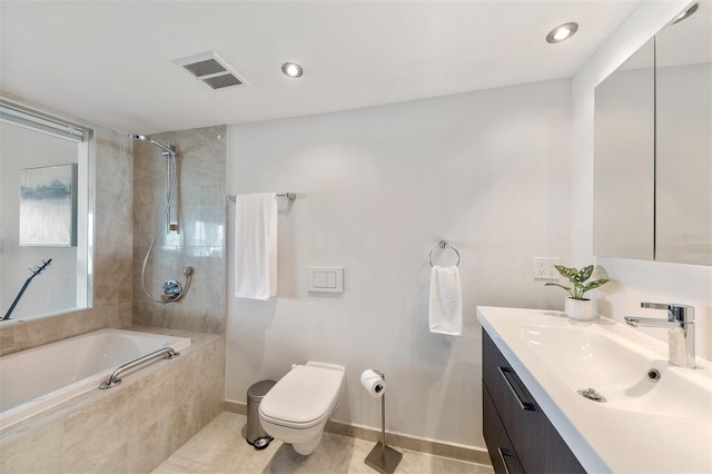 full bathroom featuring vanity, toilet, tile patterned flooring, and tiled shower / bath