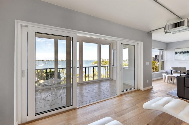 entryway with a wealth of natural light, a water view, and light wood-type flooring