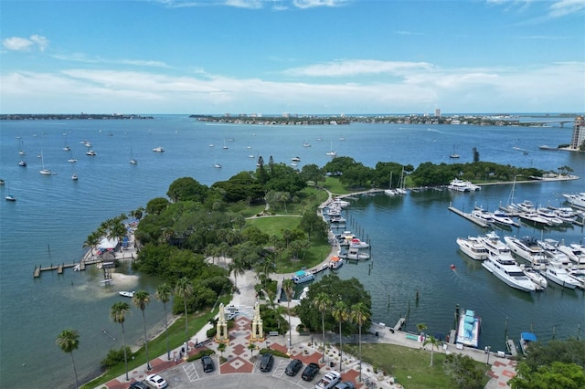 drone / aerial view featuring a water view