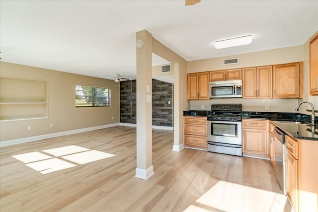 kitchen featuring light wood-type flooring, sink, ceiling fan, and stainless steel appliances