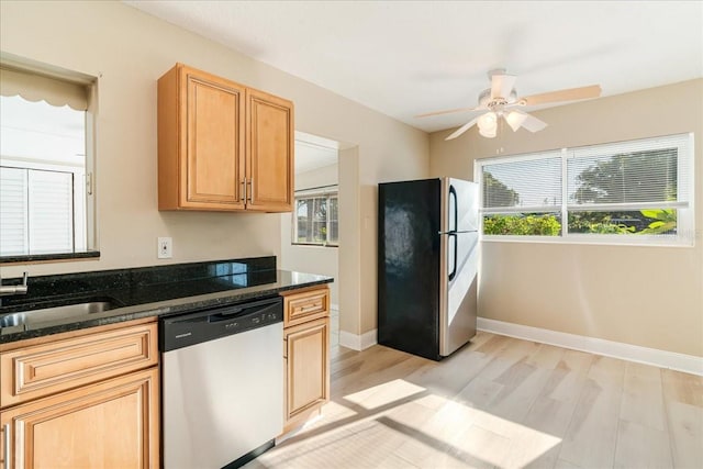 kitchen featuring light hardwood / wood-style flooring, ceiling fan, stainless steel appliances, and plenty of natural light