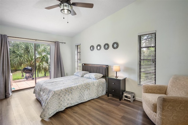 bedroom with lofted ceiling, hardwood / wood-style floors, ceiling fan, and access to outside