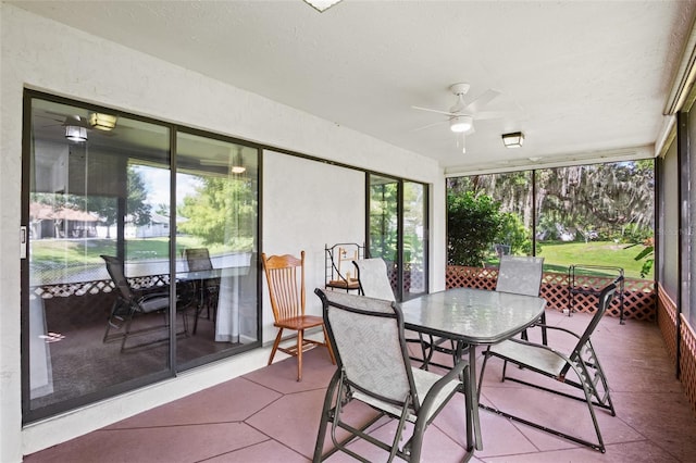 sunroom featuring ceiling fan