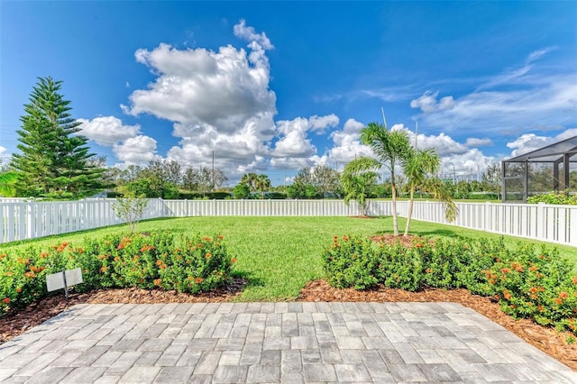 view of yard with a lanai and a patio area