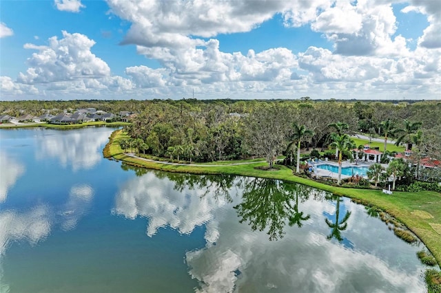 birds eye view of property featuring a water view