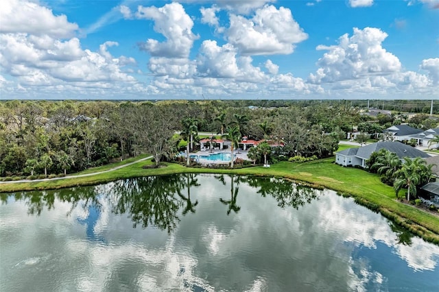 bird's eye view with a water view