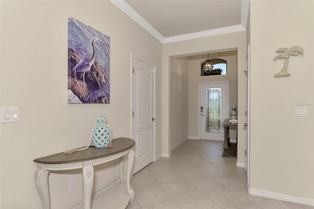 entryway featuring crown molding and light tile patterned floors