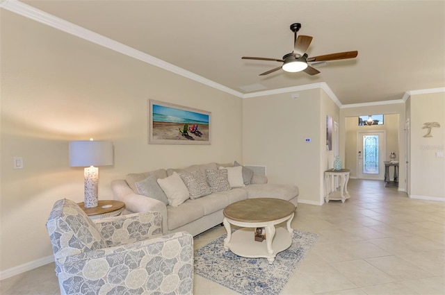 tiled living room with crown molding and ceiling fan