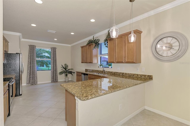 kitchen with light stone counters, light tile patterned floors, kitchen peninsula, pendant lighting, and stainless steel appliances