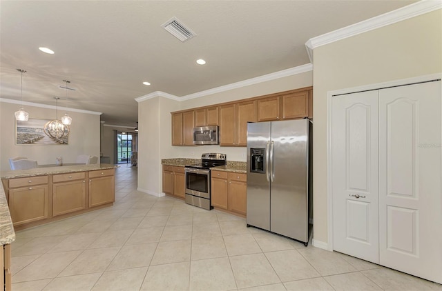 kitchen with light tile patterned floors, crown molding, stainless steel appliances, light stone counters, and decorative light fixtures