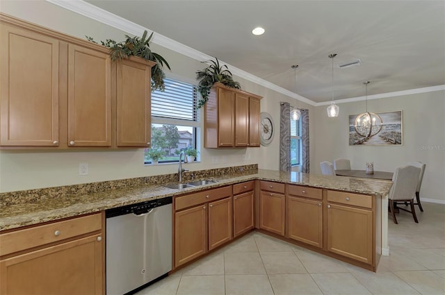 kitchen with sink, dishwasher, ornamental molding, decorative light fixtures, and kitchen peninsula