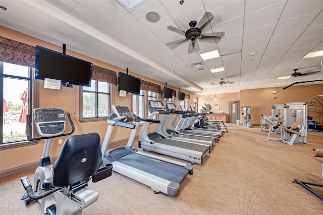 workout area featuring ceiling fan and carpet