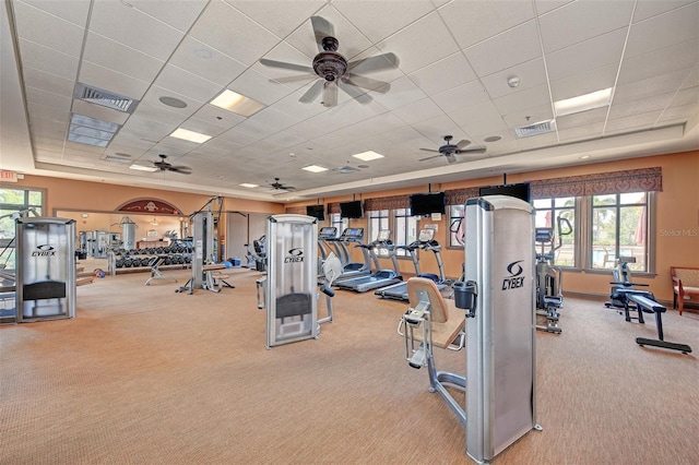 gym with ceiling fan, carpet, and a drop ceiling