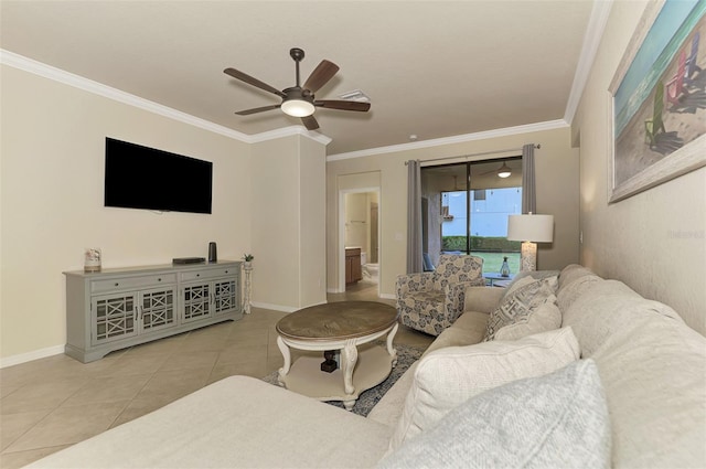 tiled living room featuring crown molding and ceiling fan