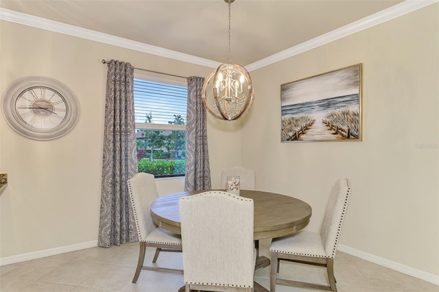 tiled dining room with crown molding