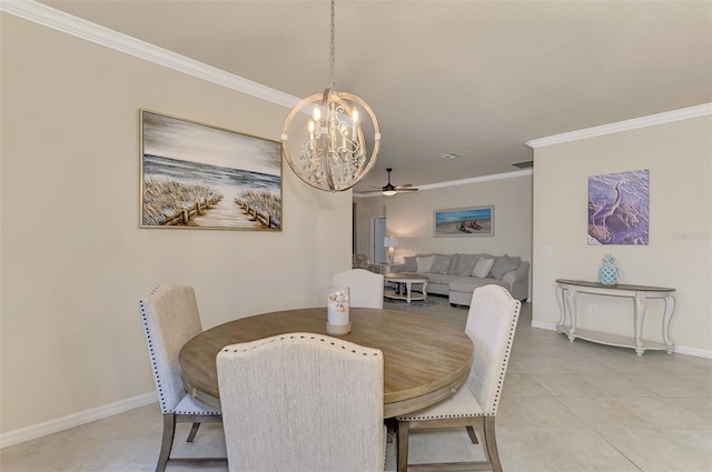 dining room with light tile patterned floors, crown molding, and ceiling fan with notable chandelier