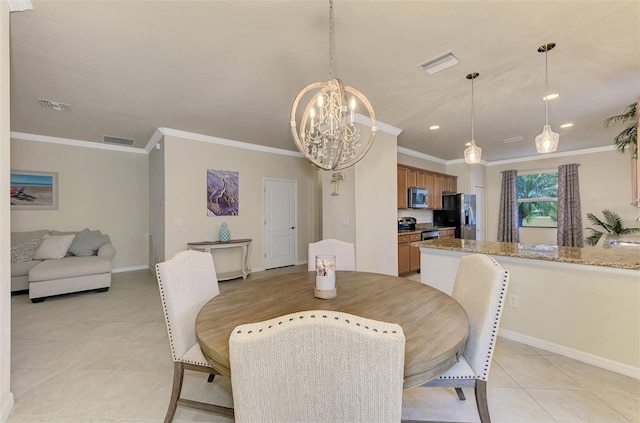 tiled dining room with crown molding and a chandelier