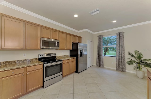 kitchen featuring stainless steel appliances, ornamental molding, light stone countertops, and light tile patterned floors