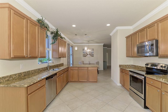 kitchen with light stone counters, hanging light fixtures, ornamental molding, appliances with stainless steel finishes, and kitchen peninsula