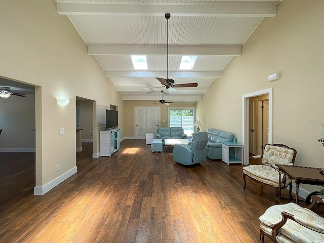 living room with ceiling fan, beamed ceiling, dark hardwood / wood-style flooring, and high vaulted ceiling