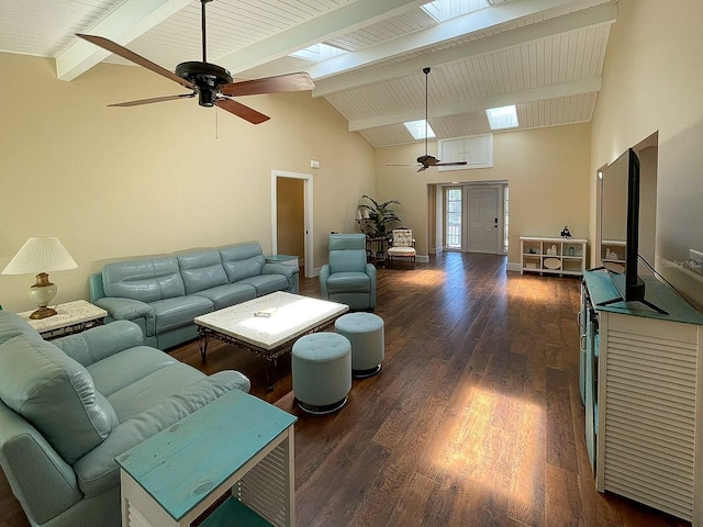 living room featuring a skylight, beamed ceiling, ceiling fan, and dark hardwood / wood-style flooring