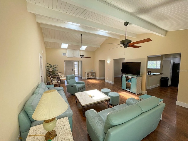 living room with lofted ceiling with beams, ceiling fan, and dark hardwood / wood-style flooring