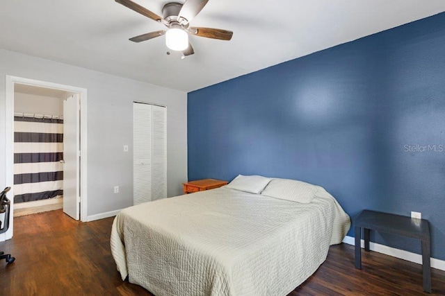 bedroom featuring ceiling fan, a closet, and dark hardwood / wood-style flooring