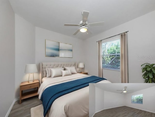 bedroom with dark hardwood / wood-style flooring and ceiling fan