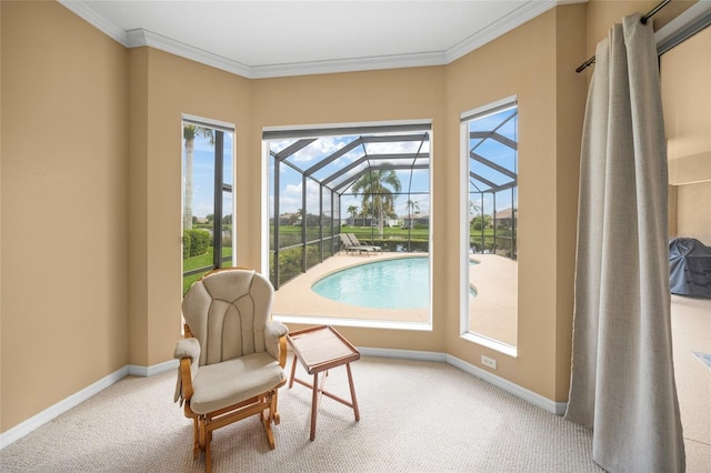 living area featuring crown molding, a pool, and light carpet