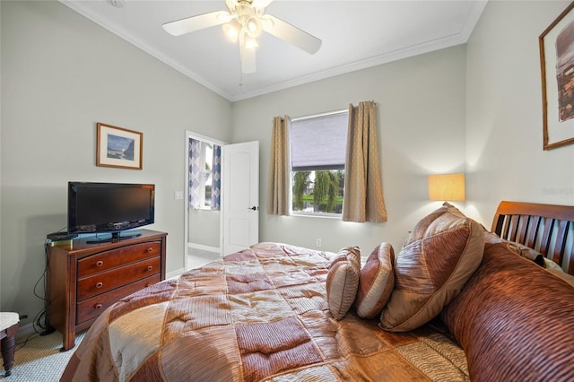 bedroom featuring ceiling fan and crown molding