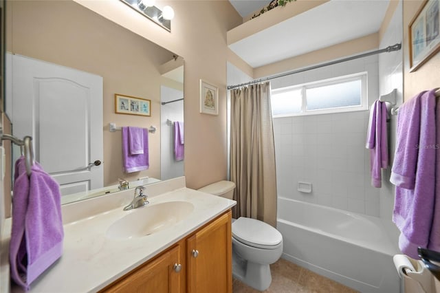 full bathroom featuring vanity, toilet, shower / bathtub combination with curtain, and tile patterned floors