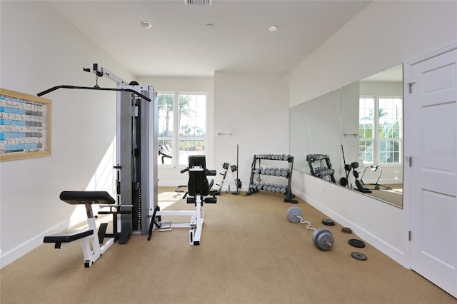 workout room featuring carpet flooring