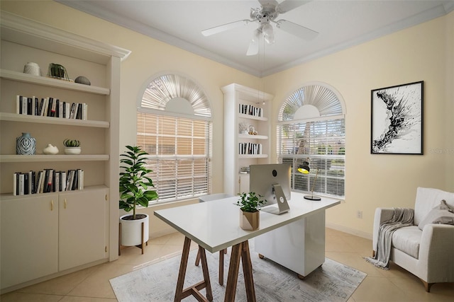 office with ceiling fan, light tile patterned flooring, ornamental molding, and built in features