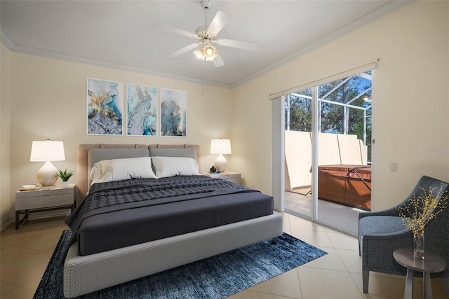 tiled bedroom with ceiling fan and ornamental molding