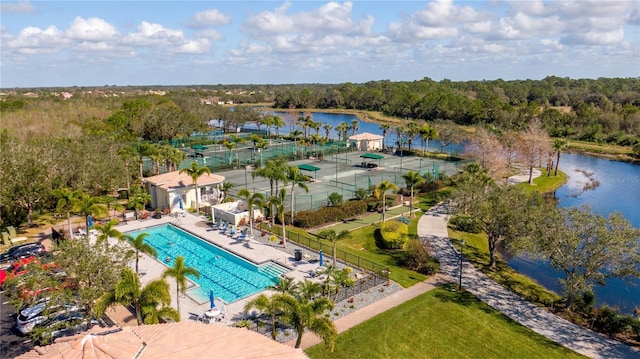 drone / aerial view with a water view