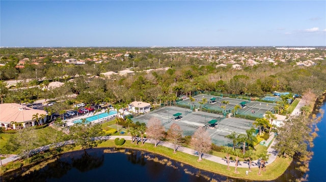 drone / aerial view featuring a water view