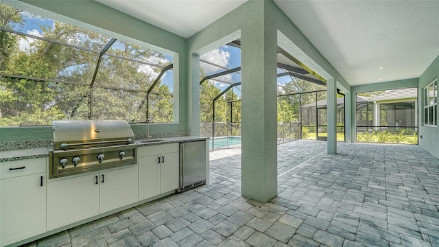 view of patio / terrace with glass enclosure, area for grilling, and grilling area