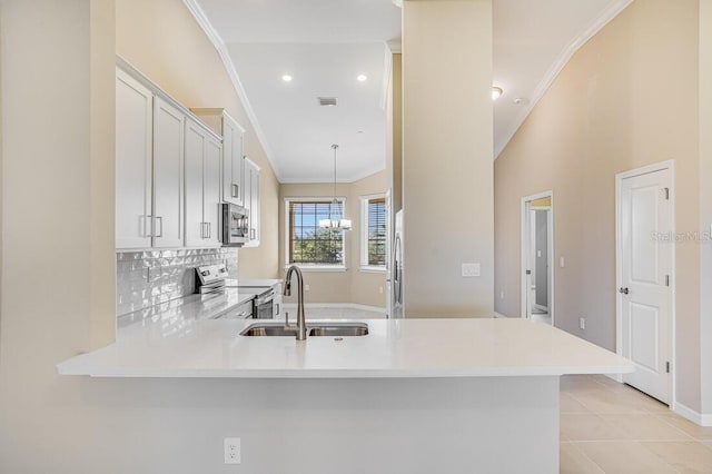 kitchen featuring white cabinets, sink, light tile patterned floors, appliances with stainless steel finishes, and kitchen peninsula