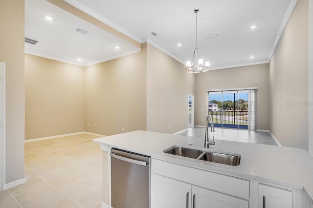 kitchen featuring crown molding, dishwasher, white cabinets, and sink