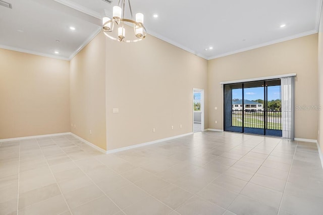 tiled spare room featuring crown molding and an inviting chandelier