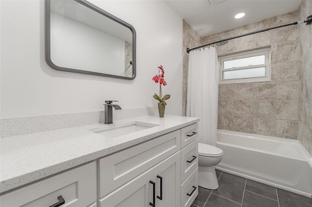 full bathroom with shower / tub combo with curtain, tile patterned flooring, vanity, and toilet