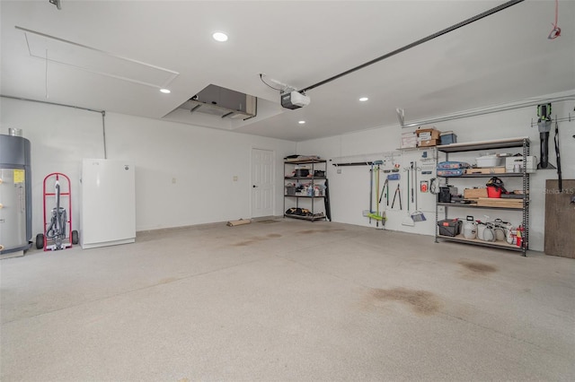 garage featuring a garage door opener, water heater, and white refrigerator