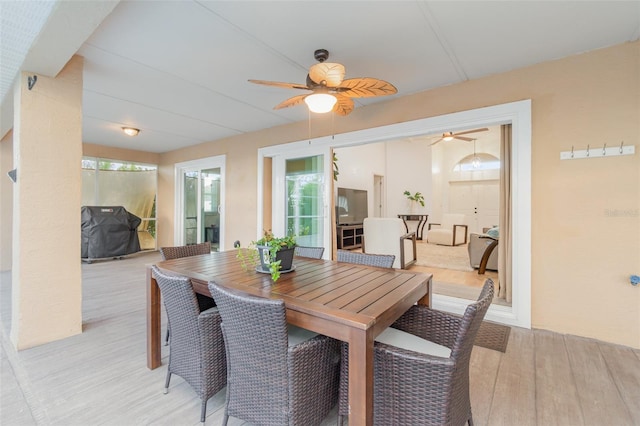 dining room with ceiling fan and light wood-type flooring