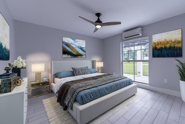 bedroom featuring ceiling fan, light hardwood / wood-style flooring, access to exterior, and a wall unit AC